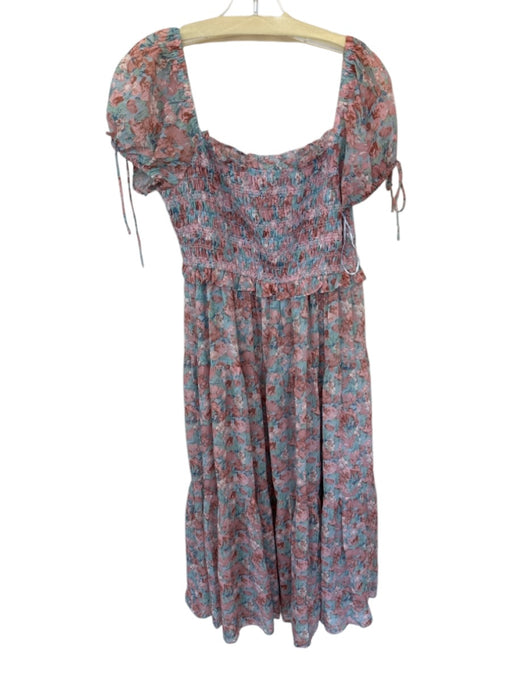 En Saison Size L Mauve & Blue Polyester Short Balloon Sleeve Flowers Maxi Dress Mauve & Blue / L