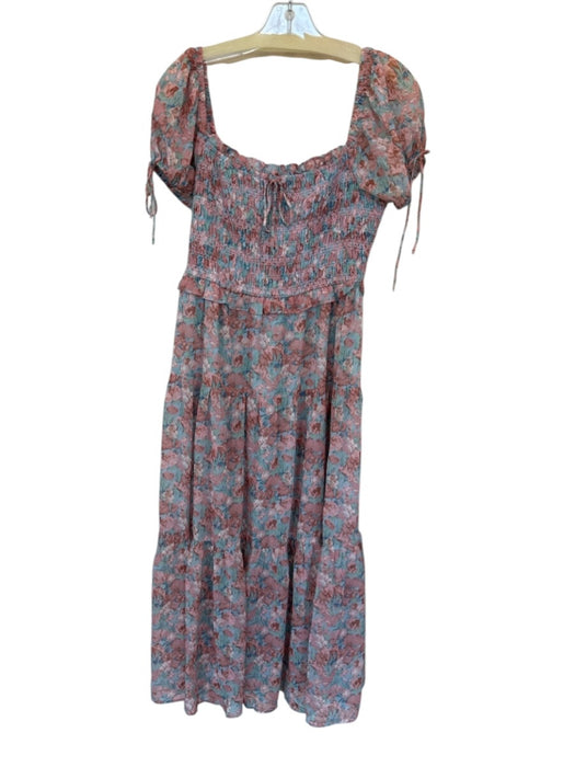 En Saison Size L Mauve & Blue Polyester Short Balloon Sleeve Flowers Maxi Dress Mauve & Blue / L