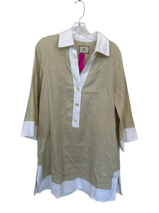 Tuckernuck Size L oatmeal & white Linen Long Sleeve Buttons Collar Dress oatmeal & white / L