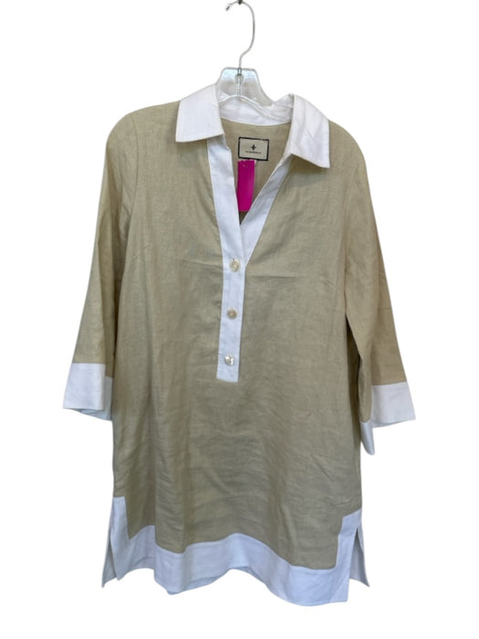 Tuckernuck Size L oatmeal & white Linen Long Sleeve Buttons Collar Dress oatmeal & white / L