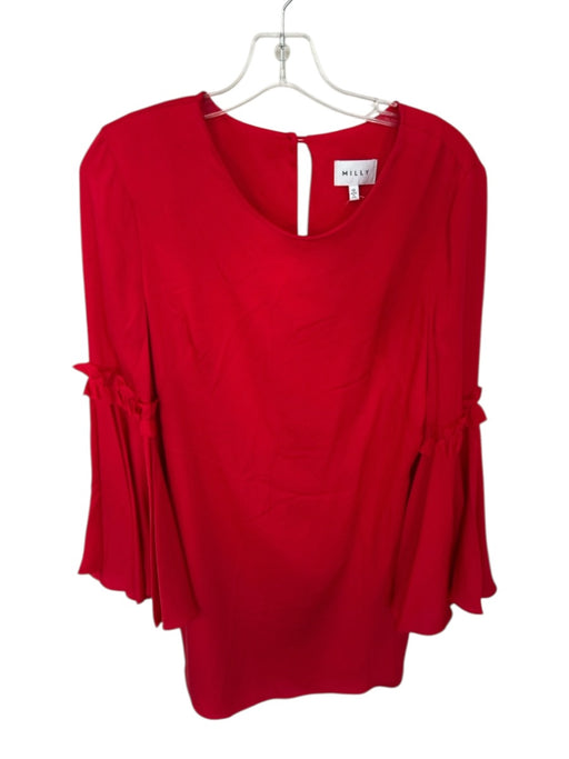 Milly Size 12 Red Silk & Elastane Bell Sleeve Boat Neck Back button Mini Dress Red / 12