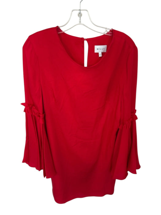 Milly Size 12 Red Silk & Elastane Bell Sleeve Boat Neck Back button Mini Dress Red / 12