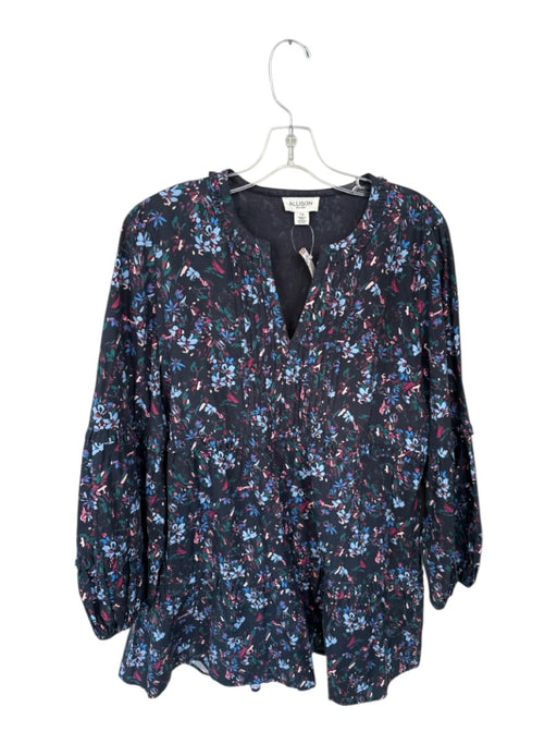 Allison Size L Black & Multi Cotton Floral V Neck Long Sleeve Mini Dress Black & Multi / L