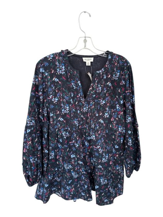 Allison Size L Black & Multi Cotton Floral V Neck Long Sleeve Mini Dress Black & Multi / L