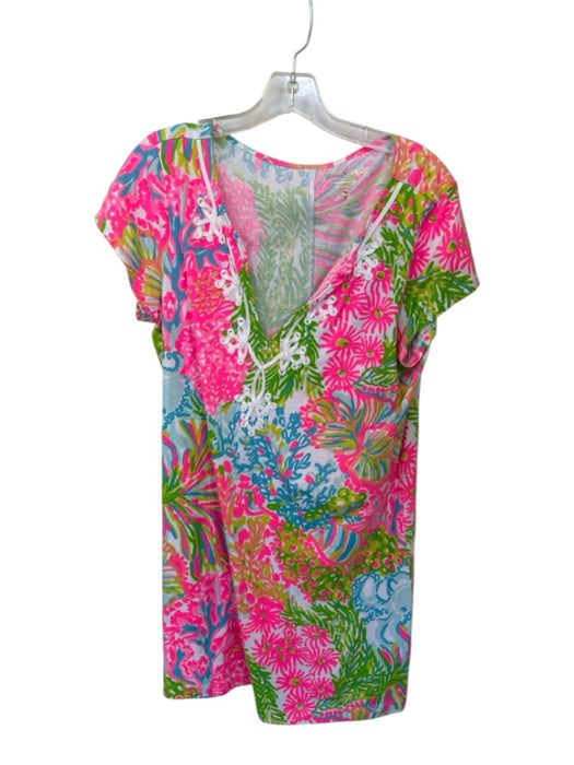 Lilly Pulitzer Size XL Pink & Multi Pima Cotton Short Sleeve Flowers Dress Pink & Multi / XL