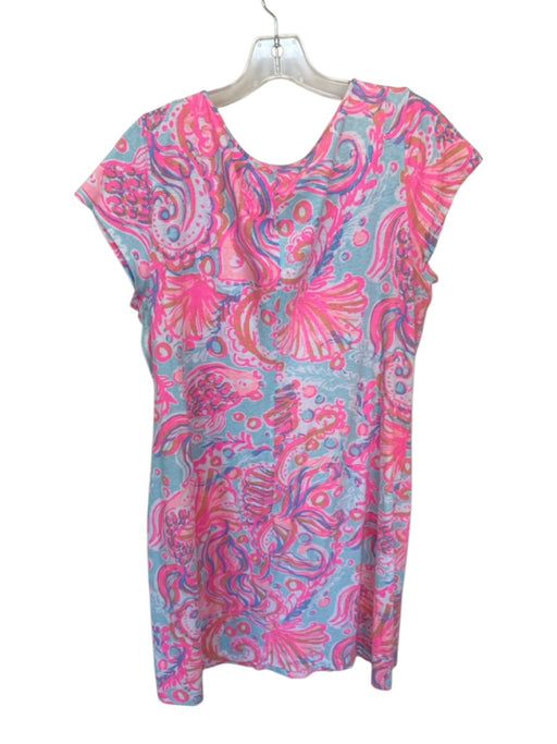 Lilly Pulitzer Size XL Pink & Aqua Cotton & Linen Short Sleeve Fish Dress Pink & Aqua / XL
