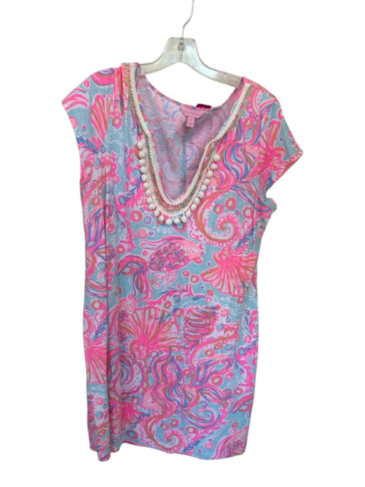 Lilly Pulitzer Size XL Pink & Aqua Cotton & Linen Short Sleeve Fish Dress Pink & Aqua / XL
