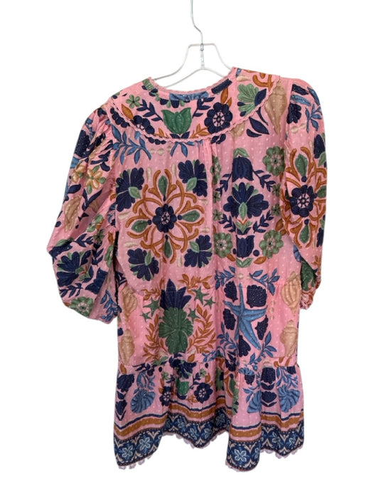 Farm Rio Size XL Pink & blue Cotton Long Balloon Sleeve Swiss Dot Flowers Dress Pink & blue / XL