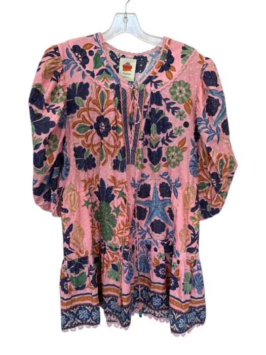 Farm Rio Size XL Pink & blue Cotton Long Balloon Sleeve Swiss Dot Flowers Dress Pink & blue / XL