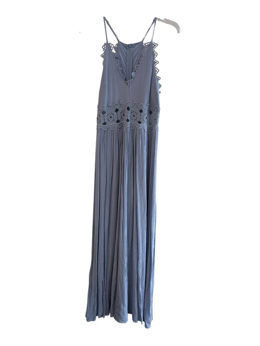 Lulus Size Medium Light Blue Rayon V Neck Back Zip Maxi Lace Trim Dress Light Blue / Medium