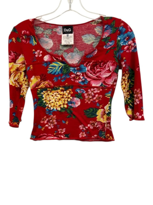 D&G Dolce & Gabbana Size 38 Red & Multi Cotton Blend Floral 1/2 Sleeve Crop Top Red & Multi / 38