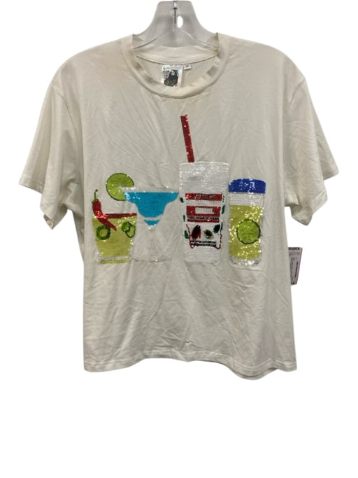 Queen of Sparkles Size M Cream White & Multi Cotton Blend Short Sleeve Top Cream White & Multi / M