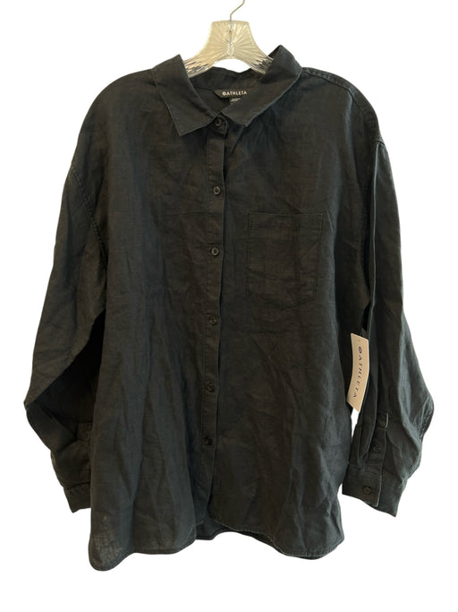 Athleta Size XL Black Linen Long Sleeve solid color Chest Pocket Button Down Top Black / XL