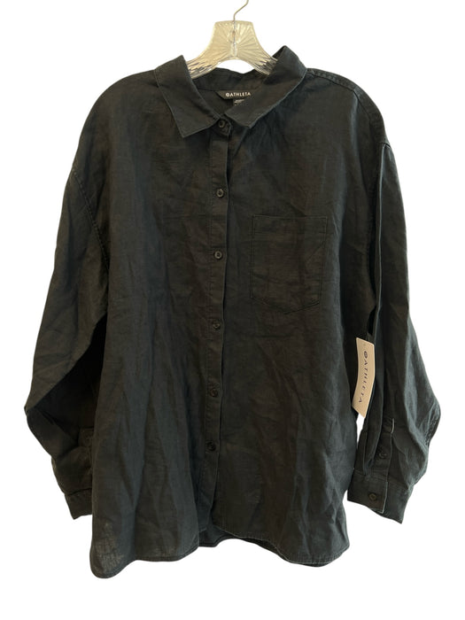 Athleta Size XL Black Linen Long Sleeve solid color Chest Pocket Button Down Top Black / XL