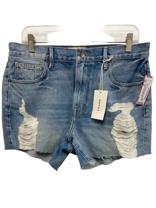 Frame Size 26 Light Wash Cotton Denim High Rise Distressed Whiskering Shorts Light Wash / 26