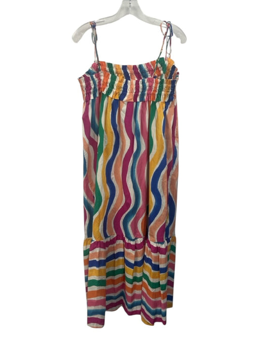 Farm Rio Size L White & Multi Cotton Tie Shoulder Wavy Stripes Elastic Top Dress White & Multi / L