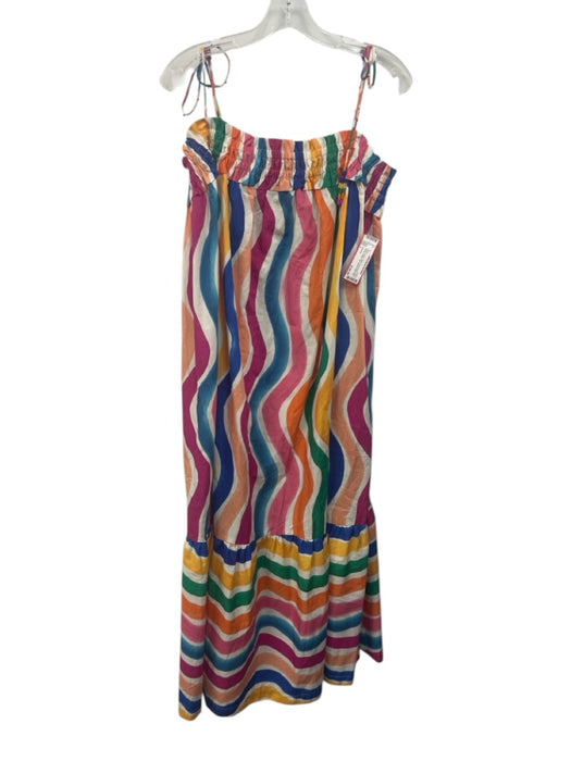 Farm Rio Size L White & Multi Cotton Tie Shoulder Wavy Stripes Elastic Top Dress White & Multi / L