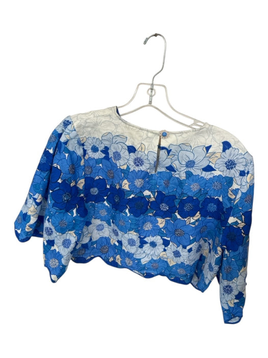 Farm Rio Size S Blue & White Linen 3/4 Sleeve Flowers Scallop Detail Cropped Top Blue & White / S