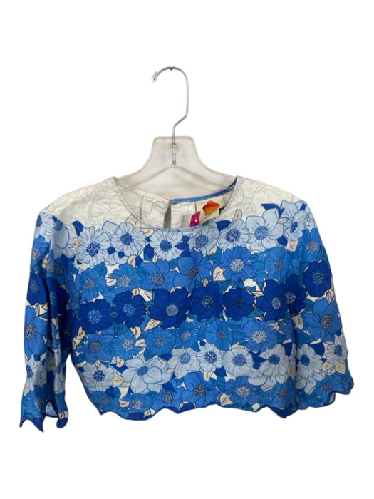 Farm Rio Size S Blue & White Linen 3/4 Sleeve Flowers Scallop Detail Cropped Top Blue & White / S