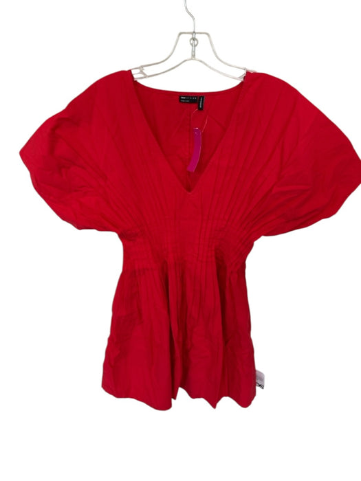 Asos Size 4 Red Cotton Short Sleeve Pleat Detail V Neck Dress Red / 4