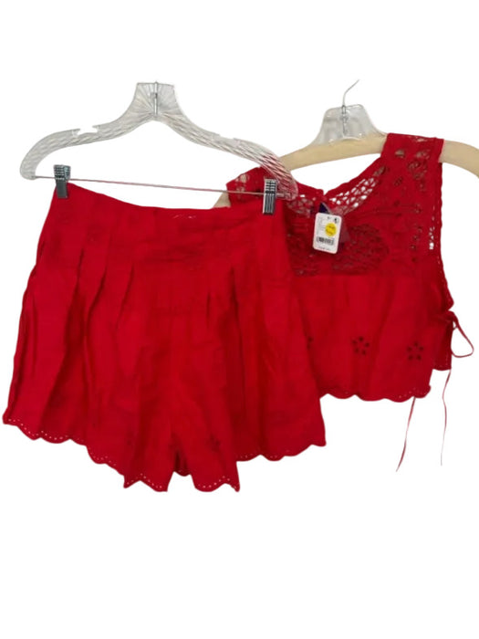 Free People Size S Red Cotton High Waist Embroidered Flowers Short Set Red / S
