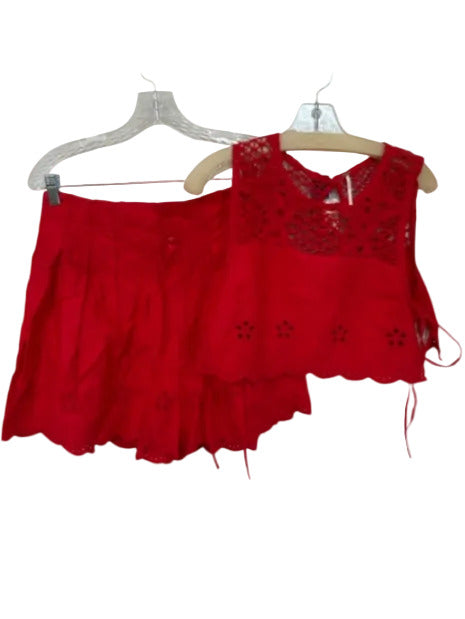Free People Size S Red Cotton High Waist Embroidered Flowers Short Set Red / S