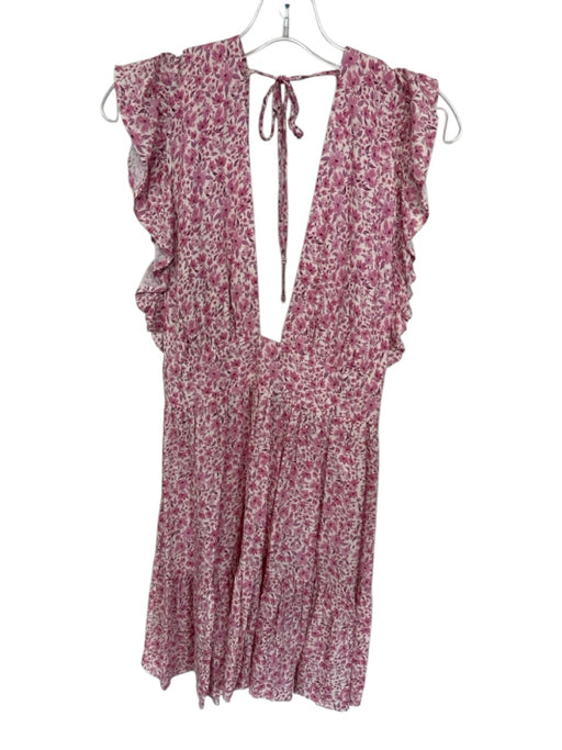 Stillwater Size S Purple & Cream Viscose Flutter Sleeves Flowers Deep V Dress Purple & Cream / S