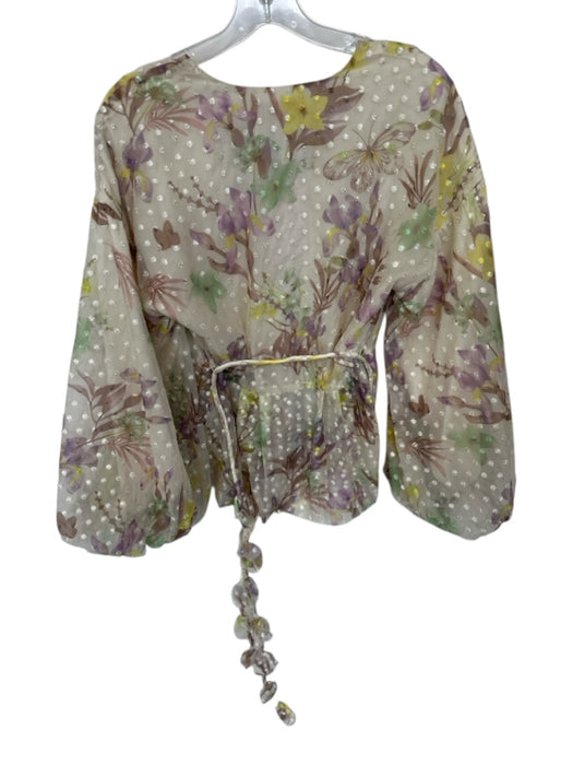 Alexis Size S Green & Purple Long Balloon Sleeve Swiss Dot Flower Peplum Top Green & Purple / S