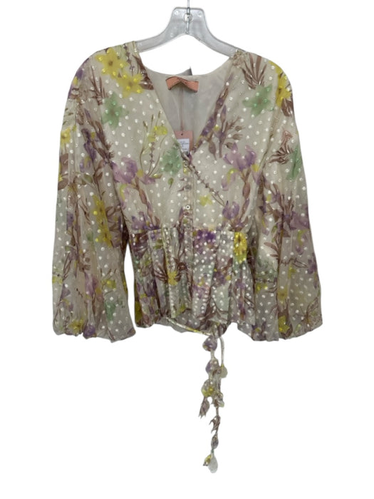 Alexis Size S Green & Purple Long Balloon Sleeve Swiss Dot Flower Peplum Top Green & Purple / S