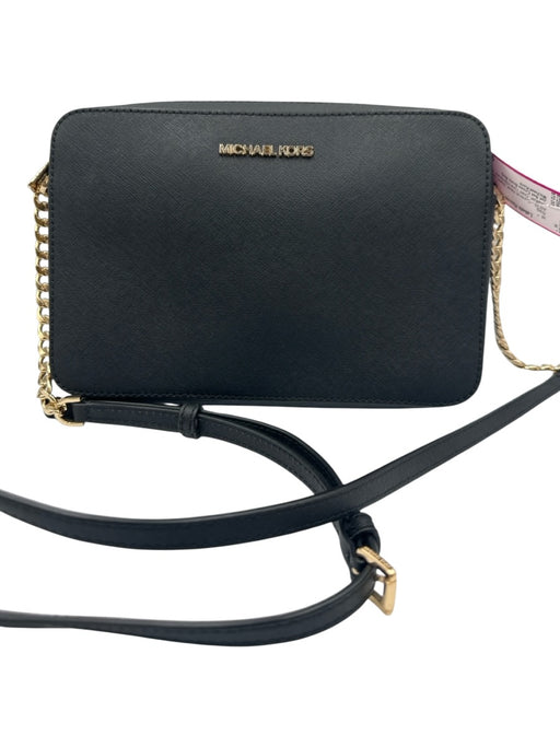 Michael Kors Black Saffiano Leather Gold Tone Hardware Zip Top Chain Detail Bag Black