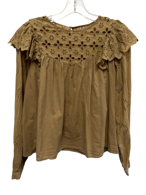 En Saison Size Est S Beige Cotton Long Balloon Sleeve Floral Eyelet Top Beige / Est S