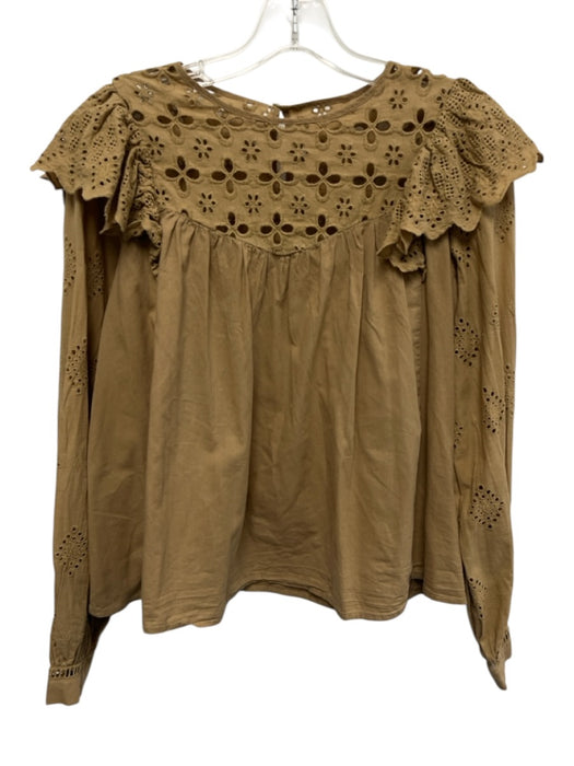 En Saison Size Est S Beige Cotton Long Balloon Sleeve Floral Eyelet Top Beige / Est S