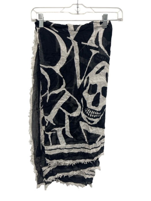Alexander McQueen Black & White Fringe Edging Skulls Square Semi Sheer scarf Black & White / One Size