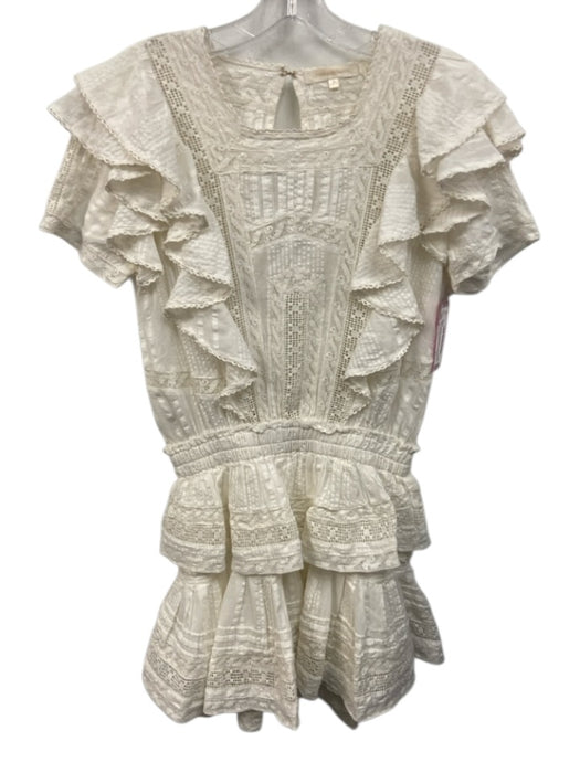 Loveshackfancy Size S White Cotton Seersucker Tiered Lace Trim Mini Dress White / S