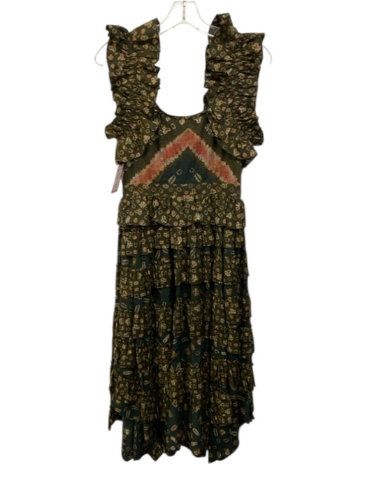 Ulla Johnson Size 0 Green & Brown Cotton Ruffle Geometric Tiered Midi Dress Green & Brown / 0