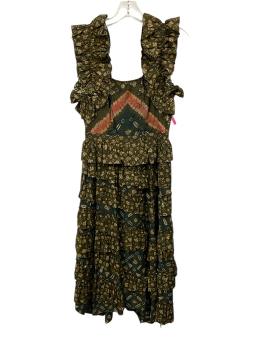 Ulla Johnson Size 0 Green & Brown Cotton Ruffle Geometric Tiered Midi Dress Green & Brown / 0
