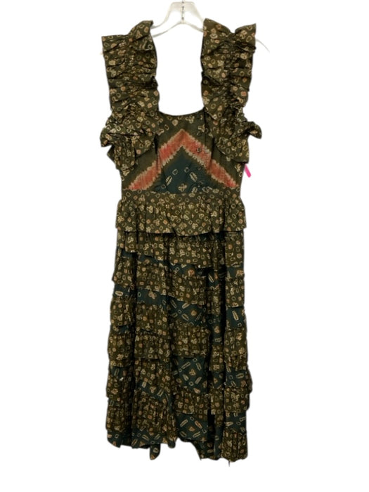 Ulla Johnson Size 0 Green & Brown Cotton Ruffle Geometric Tiered Midi Dress Green & Brown / 0