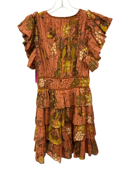 Ulla Johnson Size 0 Orange & Yellow Cotton Blend Tiered Floral & Birds Dress Orange & Yellow / 0