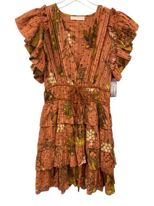 Ulla Johnson Size 0 Orange & Yellow Cotton Blend Tiered Floral & Birds Dress Orange & Yellow / 0