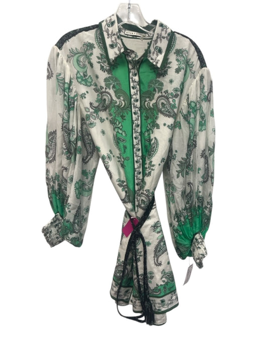 Alice + Olivia Size 4 White & Green Cotton & Silk Paisley Balloon Sleeve Dress White & Green / 4