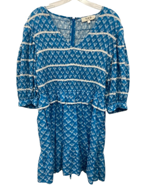 Sea New York Size L Blue & White Cotton Lace Trim Flowers Balloon Sleeve Dress Blue & White / L