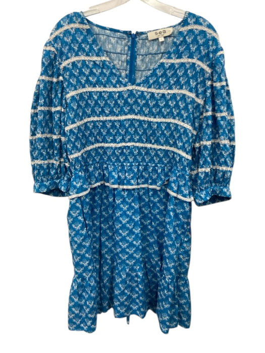 Sea New York Size L Blue & White Cotton Lace Trim Flowers Balloon Sleeve Dress Blue & White / L