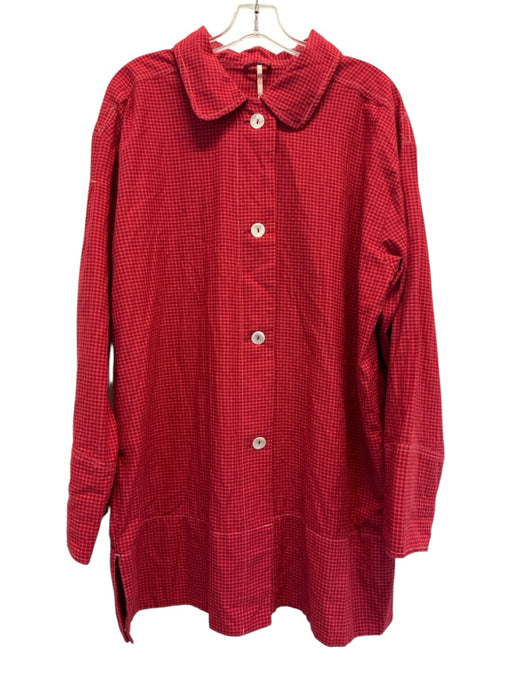 Free People Size M Mixed Reds Cotton Gingham Button Front Oversized Shirt Jacket Mixed Reds / M