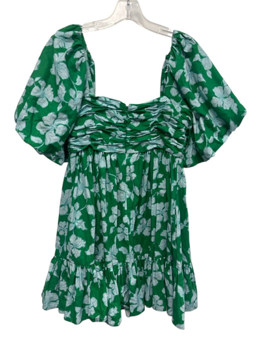 AMUR Size 6 Green & Blue Cotton Floral 1/2 Puff Sleeve Gathered Pleats Dress Green & Blue / 6