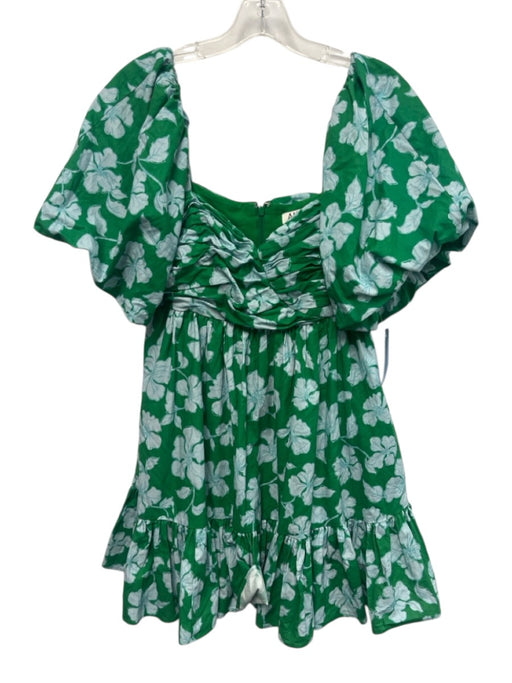 AMUR Size 6 Green & Blue Cotton Floral 1/2 Puff Sleeve Gathered Pleats Dress Green & Blue / 6