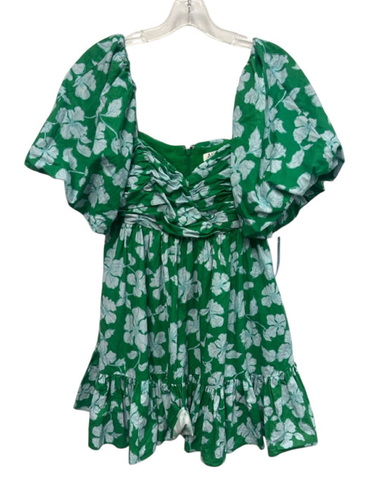 AMUR Size 6 Green & Blue Cotton Floral 1/2 Puff Sleeve Gathered Pleats Dress Green & Blue / 6