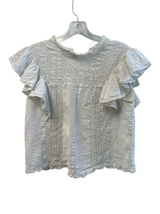 Love Shack Fancy Size S White Cotton Ruffle Sleeves Round Neck Lace Detail Top White / S