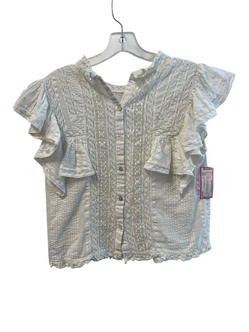 Love Shack Fancy Size S White Cotton Ruffle Sleeves Round Neck Lace Detail Top White / S