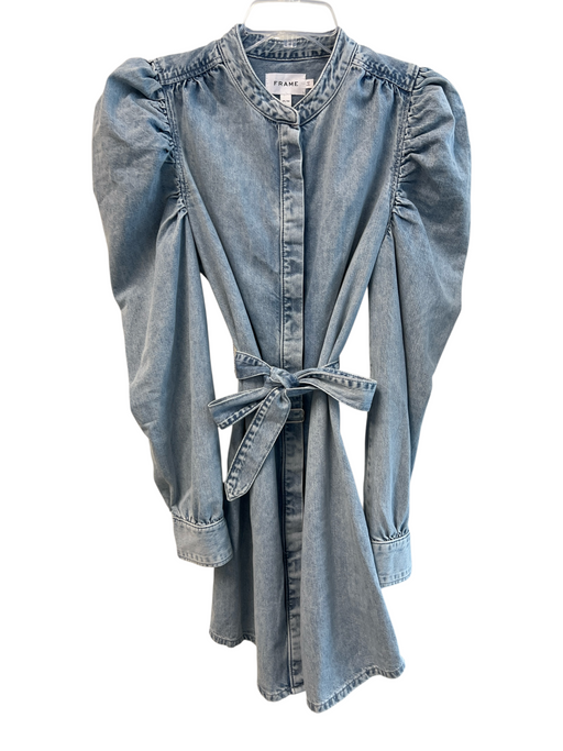 Frame Size Medium Light Denim Cotton Long Sleeve Standing Collar Belt Dress Light Denim / Medium