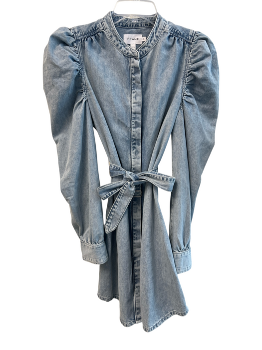 Frame Size Medium Light Denim Cotton Long Sleeve Standing Collar Belt Dress Light Denim / Medium
